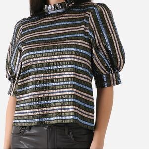 HUNTER BELL Black and White Ruffled 3/4 Sleeve Blouse